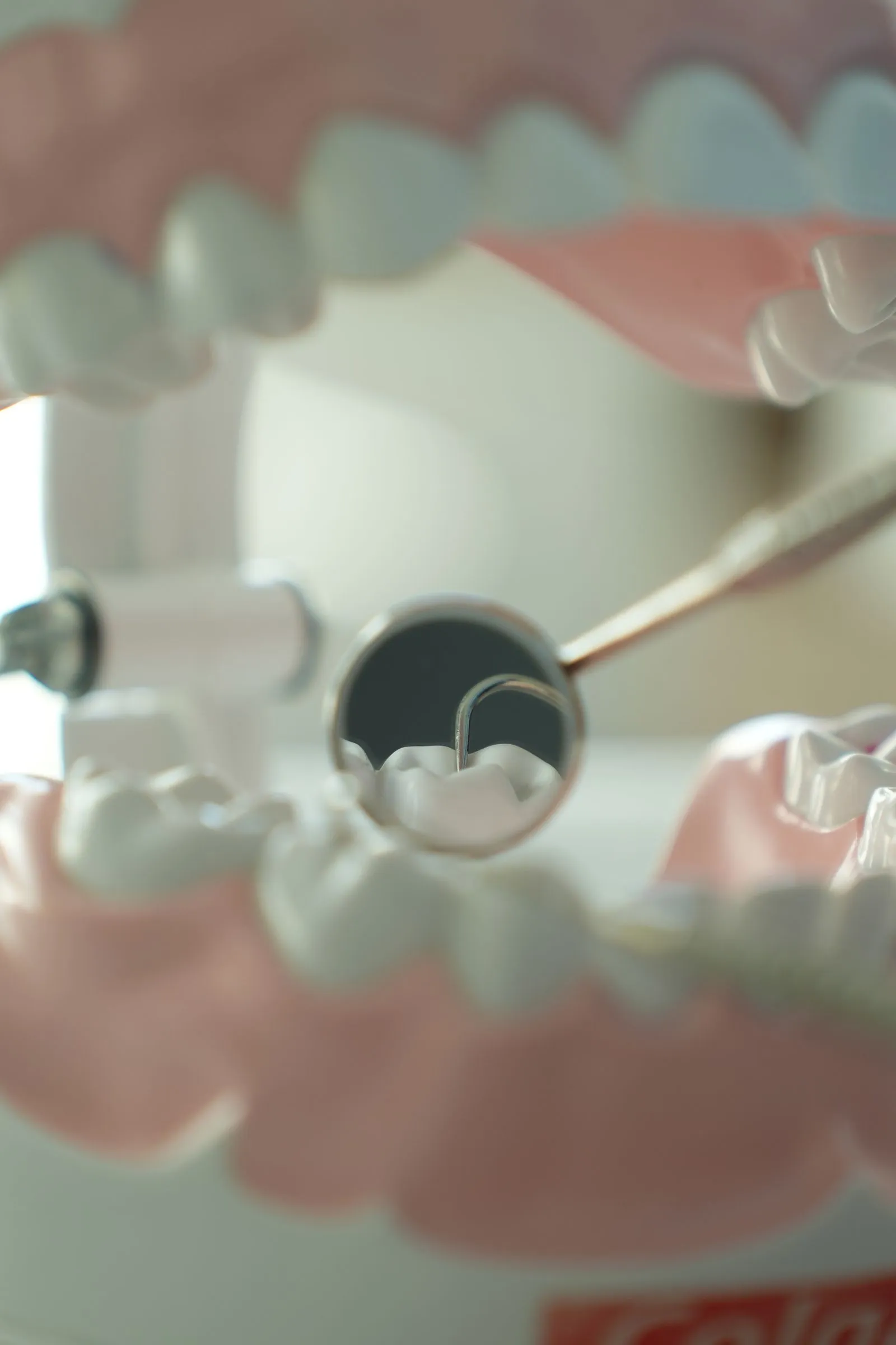 Photo d’illustration : un modèle de dents et un miroir dentaire pour expliquer les soins.