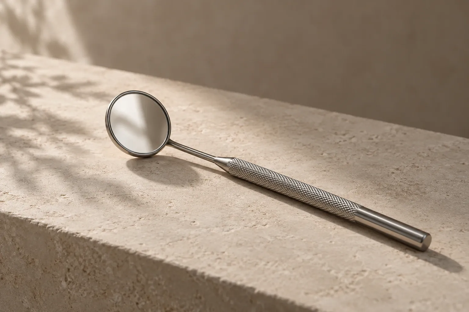 Illustration d’un miroir d’examen dentaire en acier sur une surface minérale claire.