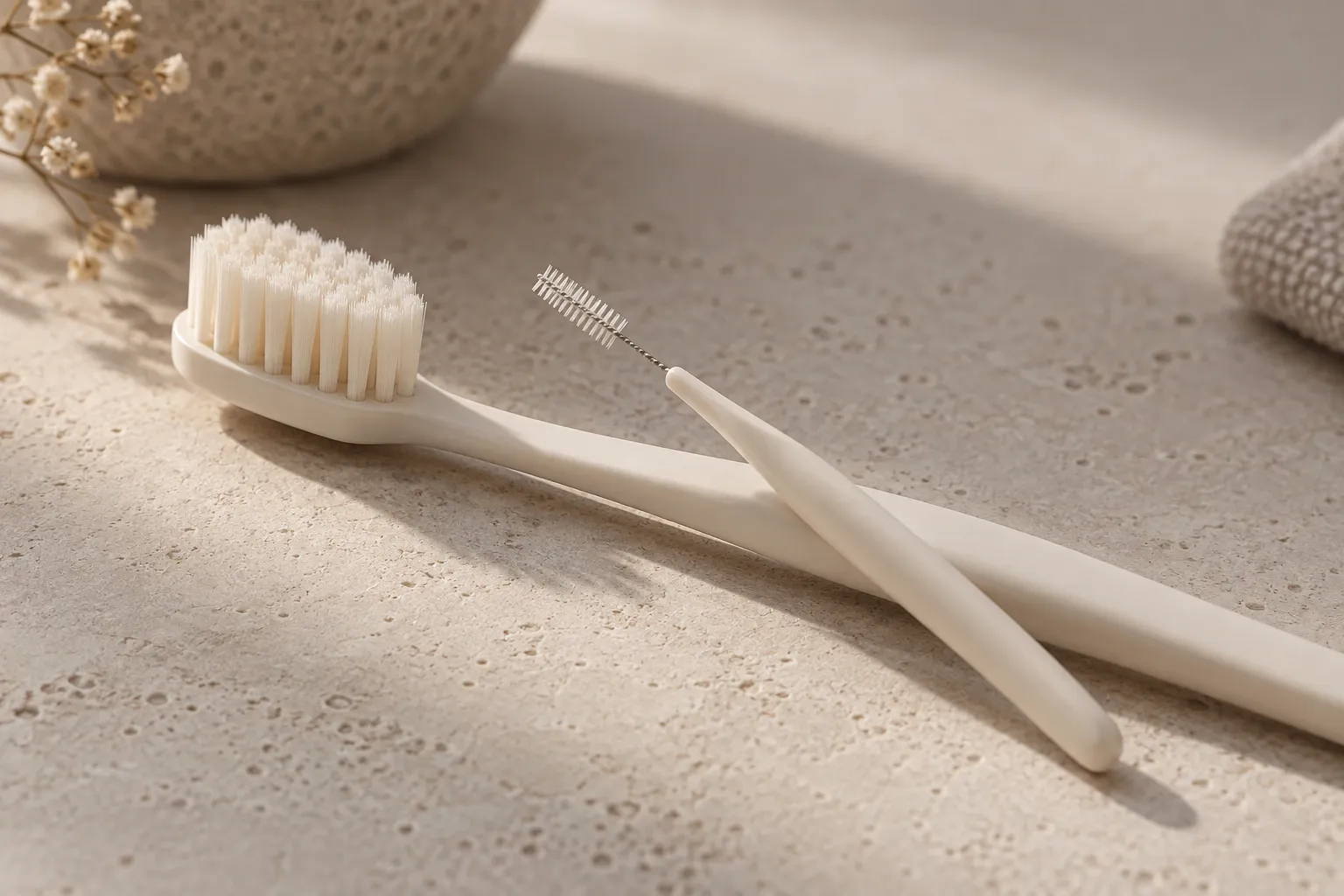 Illustration d’une brosse à dents et d’une brossette interdentaire sur une surface claire.